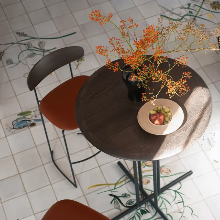 Innovative Potocco Graphic bar table with a round wooden top and geometric metal structure in dark gray or black