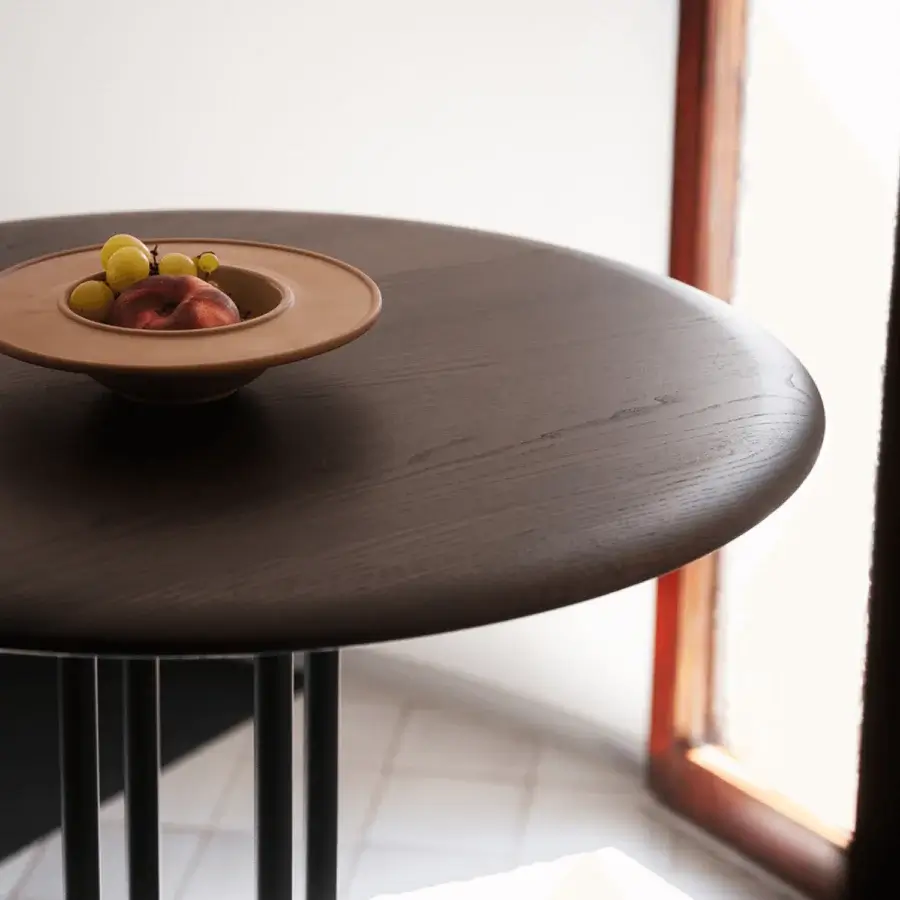 Superior Potocco Graphic bar table with a round wood tabletop and slender metal structure in dark stain