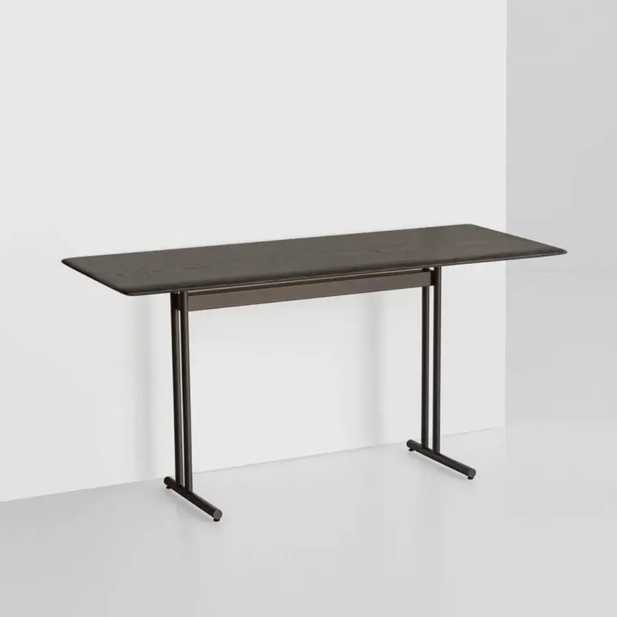 Exceptional Potocco Graphic desk with a geometric metal frame and solid wood surface in dark brown or gray finish