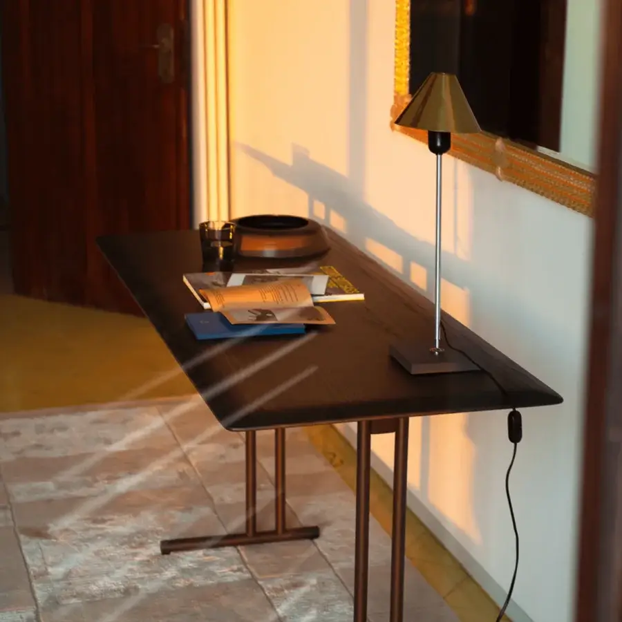 Distinguished Potocco Graphic desk with a geometric metal frame and solid wood surface in a dark brown stain