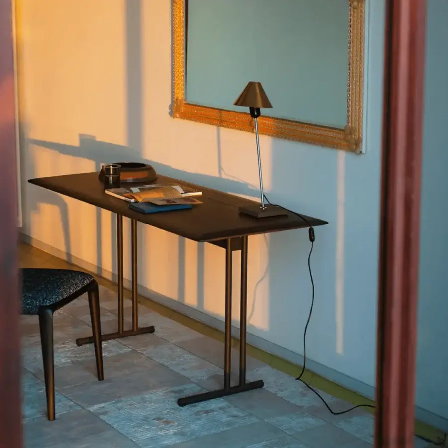 Superior Potocco Graphic desk with a matte dark brown solid wood surface and fine geometric metal frame