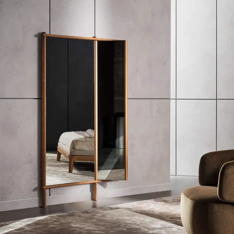 Exceptional Bonaldo Isola mirror with a moveable flag wing and warm medium-toned solid wood profiles