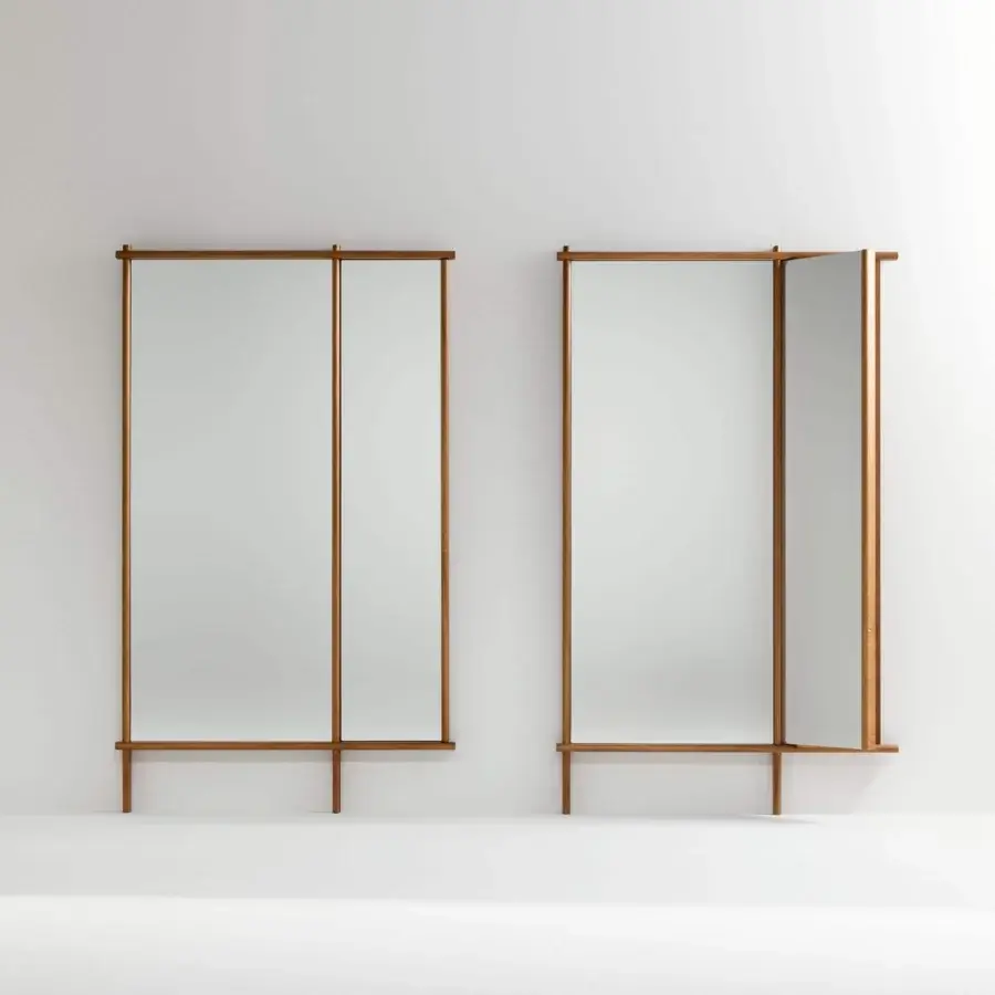 Superior Bonaldo Isola mirror with a movable flag wing surrounded by light brown solid wood and matte finish