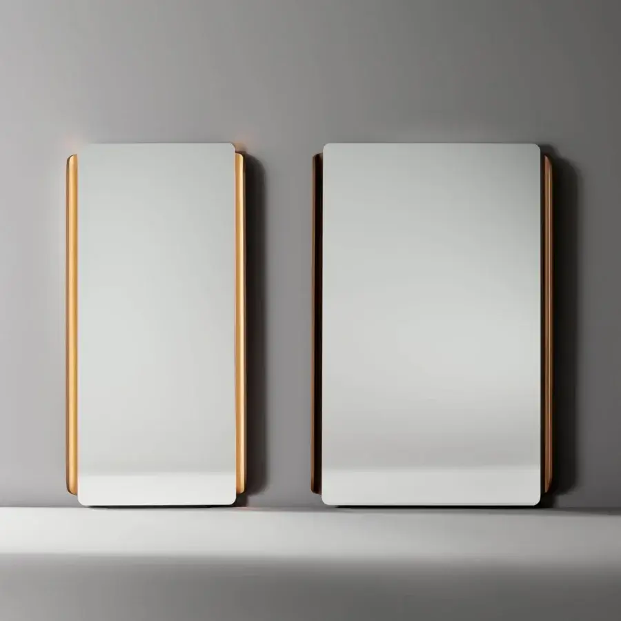 Distinguished Bonaldo Olos mirror crafted with a glossy bronze metallic frame and inwardly curved wood platform