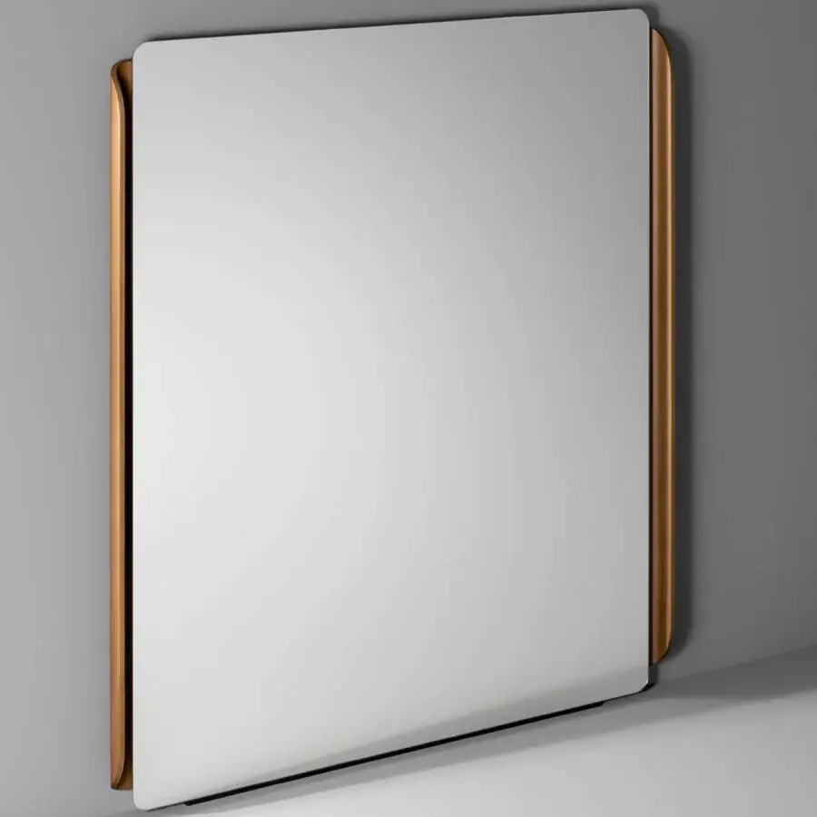 Exceptional Bonaldo Olos mirror with a rounded square form and warm light brown wood frame built with a smooth finish