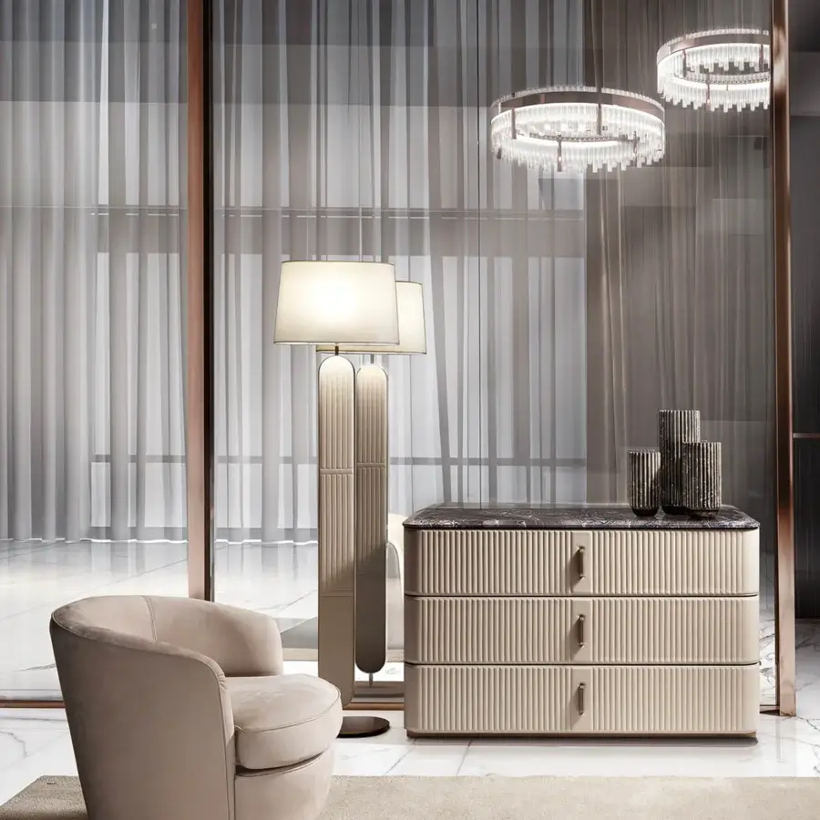 Distinguished DV Home Collection Windsor dresser crafted in light beige leather with Cannetè drawers and dark topped material