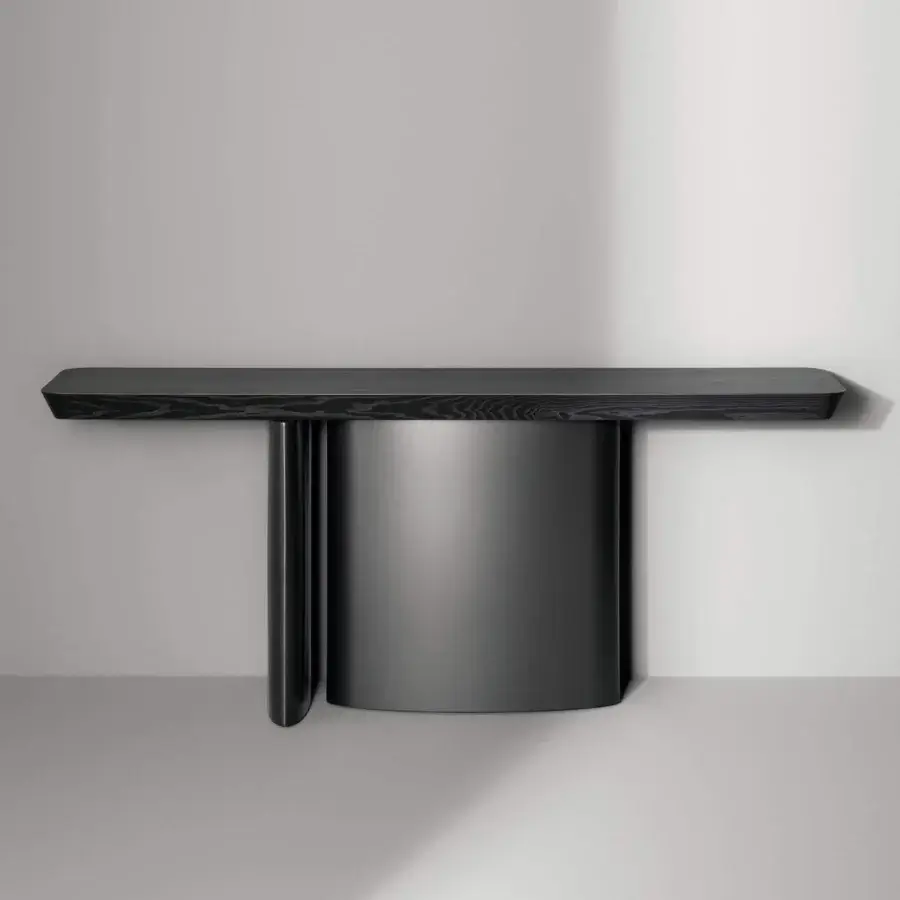 Exceptional Bonaldo One console showcases a shifted form with veneered wood and a subtle matte sheen