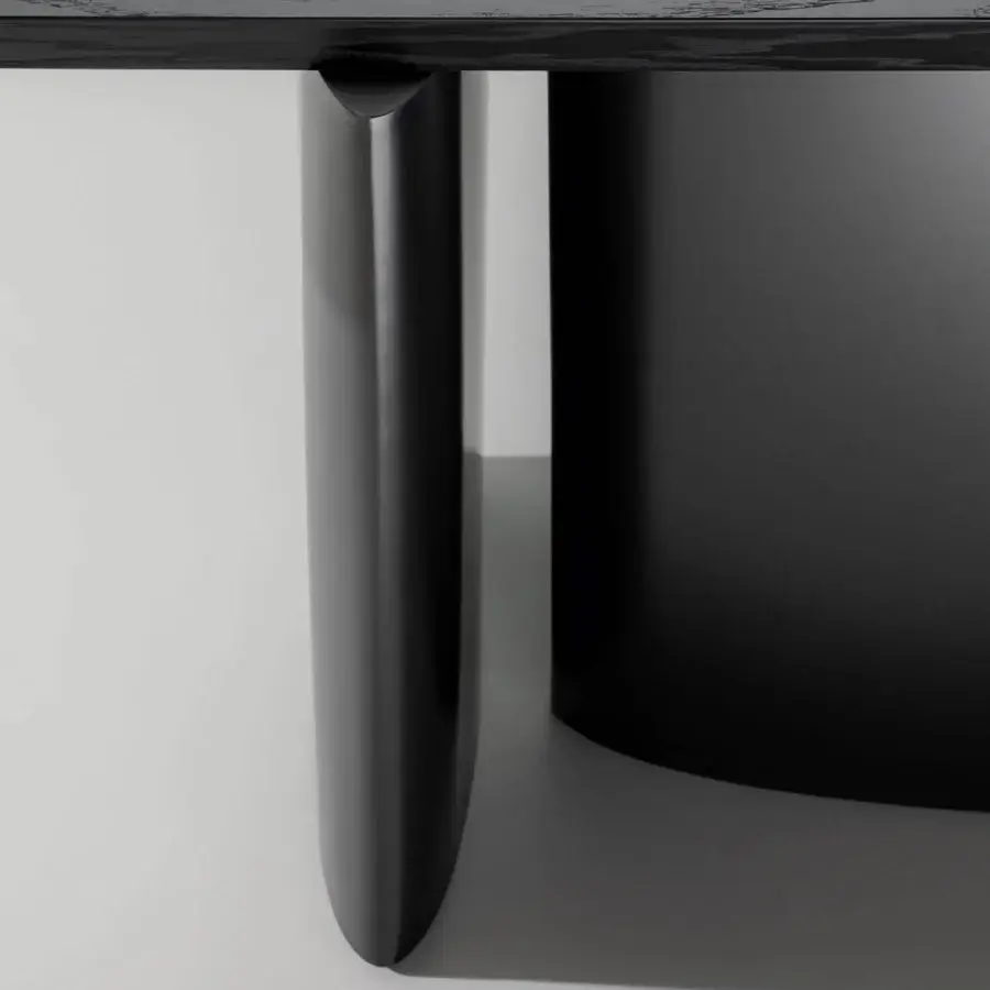 Superior Bonaldo One console exhibits an unexpected shape with dark veneered wood and matte finish supporting legs
