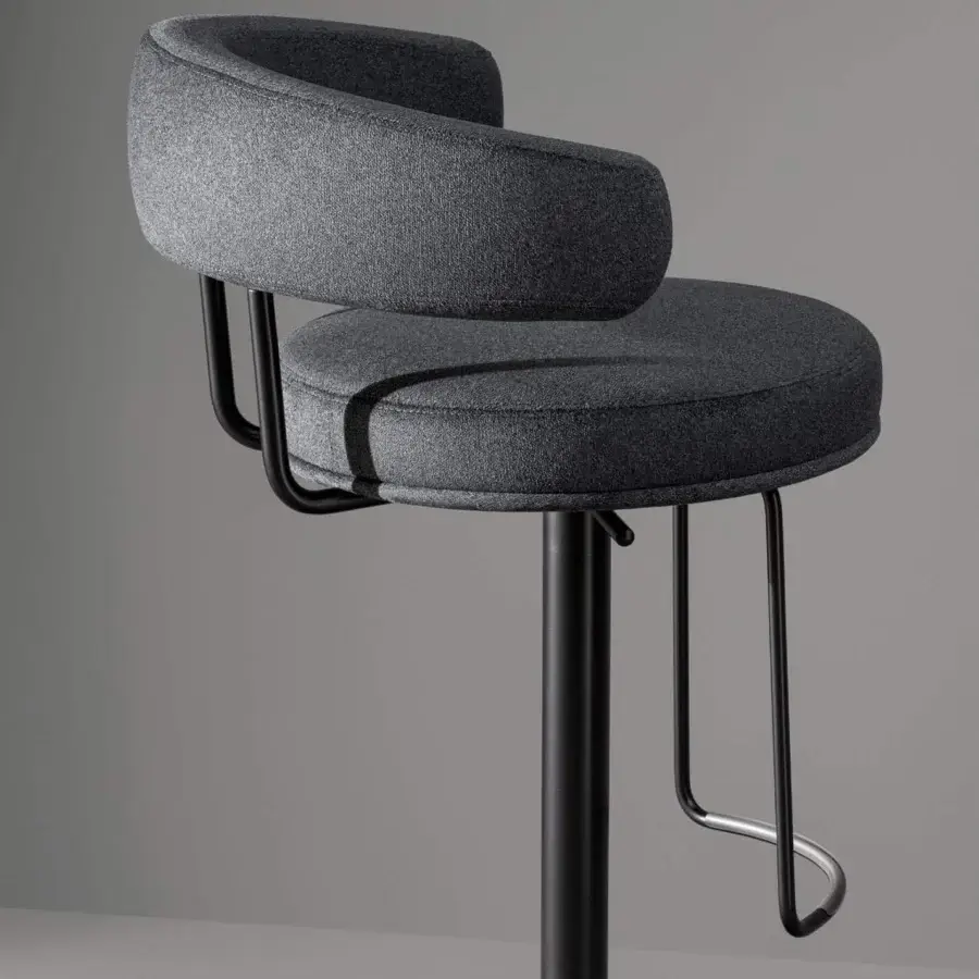 Distinguished Bonaldo Neuilly stool in textured gray fabric with a slender black metal frame and silver-toned metal footrest