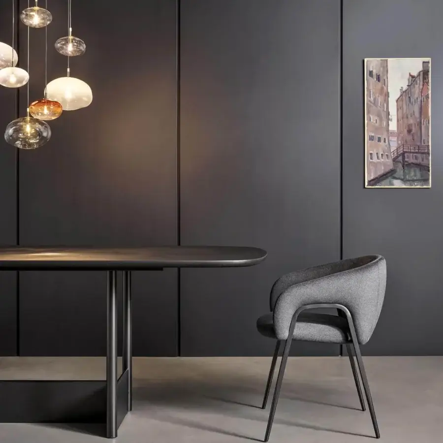 Distinguished Bonaldo Alley armchair with matte gray textile upholstery and slender dark-toned metal legs crafted in Italy