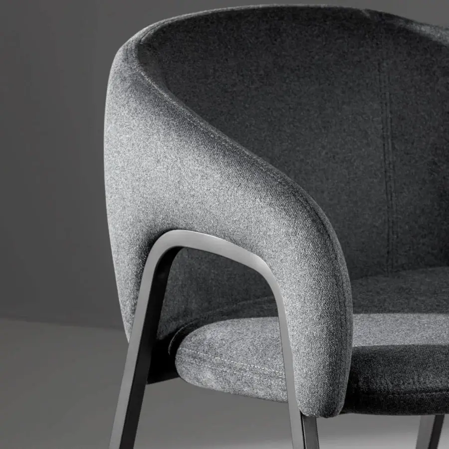 Elegant Bonaldo Alley armchair with medium gray textured fabric upholstery and a matte metal frame