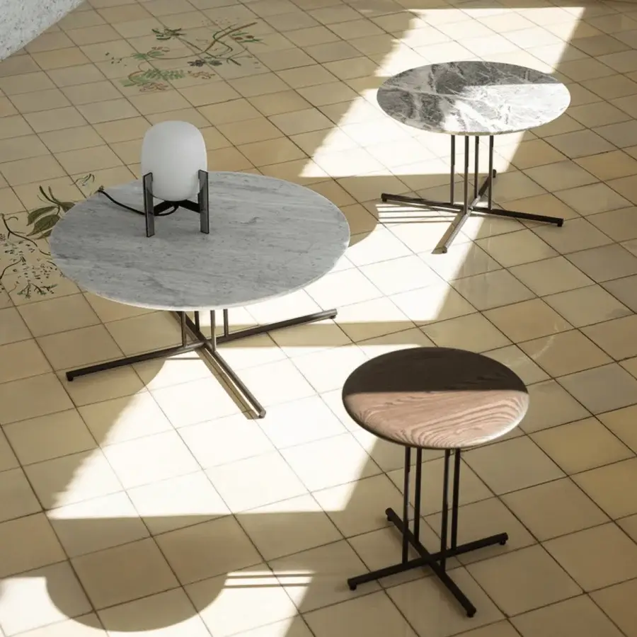 Exceptional Potocco Graphic coffee table with a slim dark metal frame and marble top displaying grey and white tones