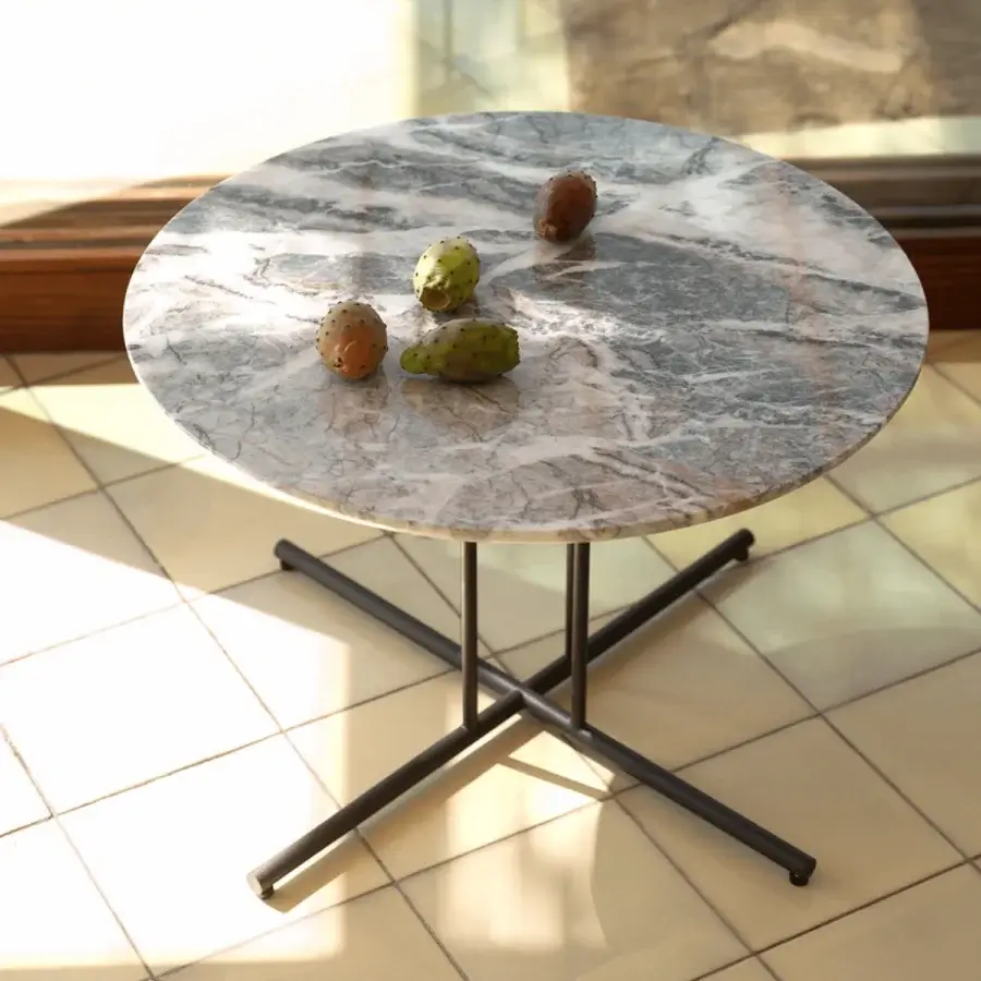 Superior Potocco Graphic coffee table with cool gray, brown, and white marble and a sleek black metal frame built with intersecting bars