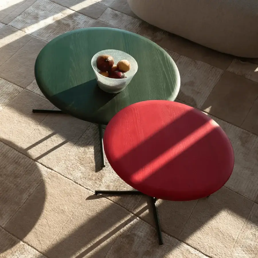 Elegant Potocco Graphic coffee table with vibrant red and muted green surfaces built with a sleek black metal frame