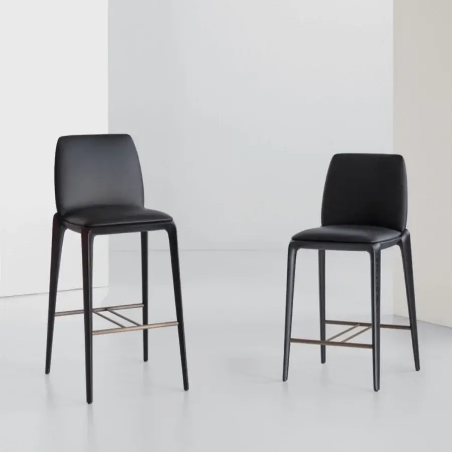 Exceptional Potocco Hiru stool with black leather or fabric seat and dark-stained wooden helical legs