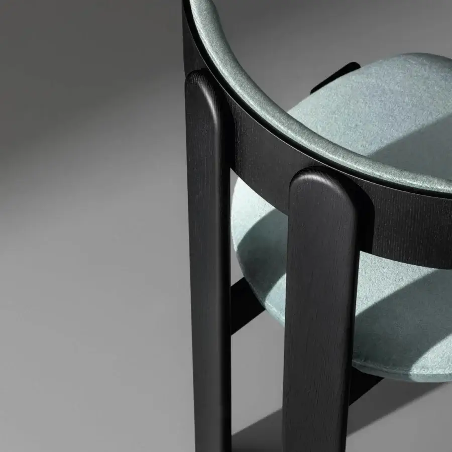 Superior Bonaldo Pi chair crafted in Italy with light blue textile upholstery and dark-stained wood frame