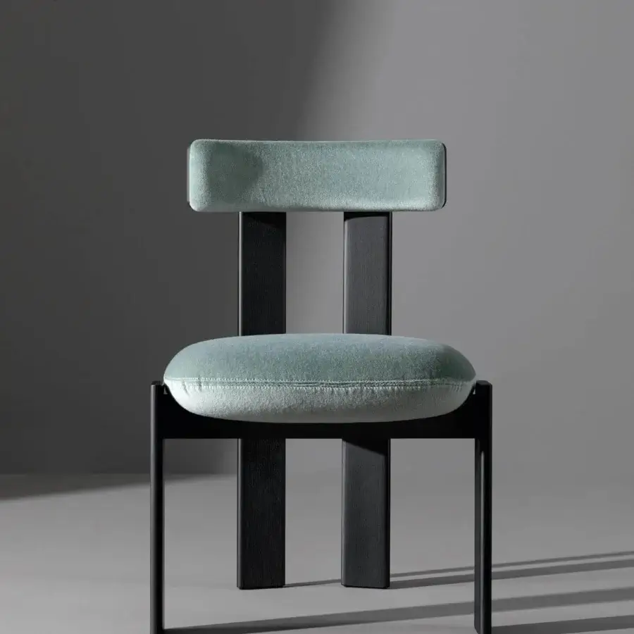 Harmonious Bonaldo Pi chair with rounded teal fabric cushion and dark-stained solid wood frame crafted in Italy