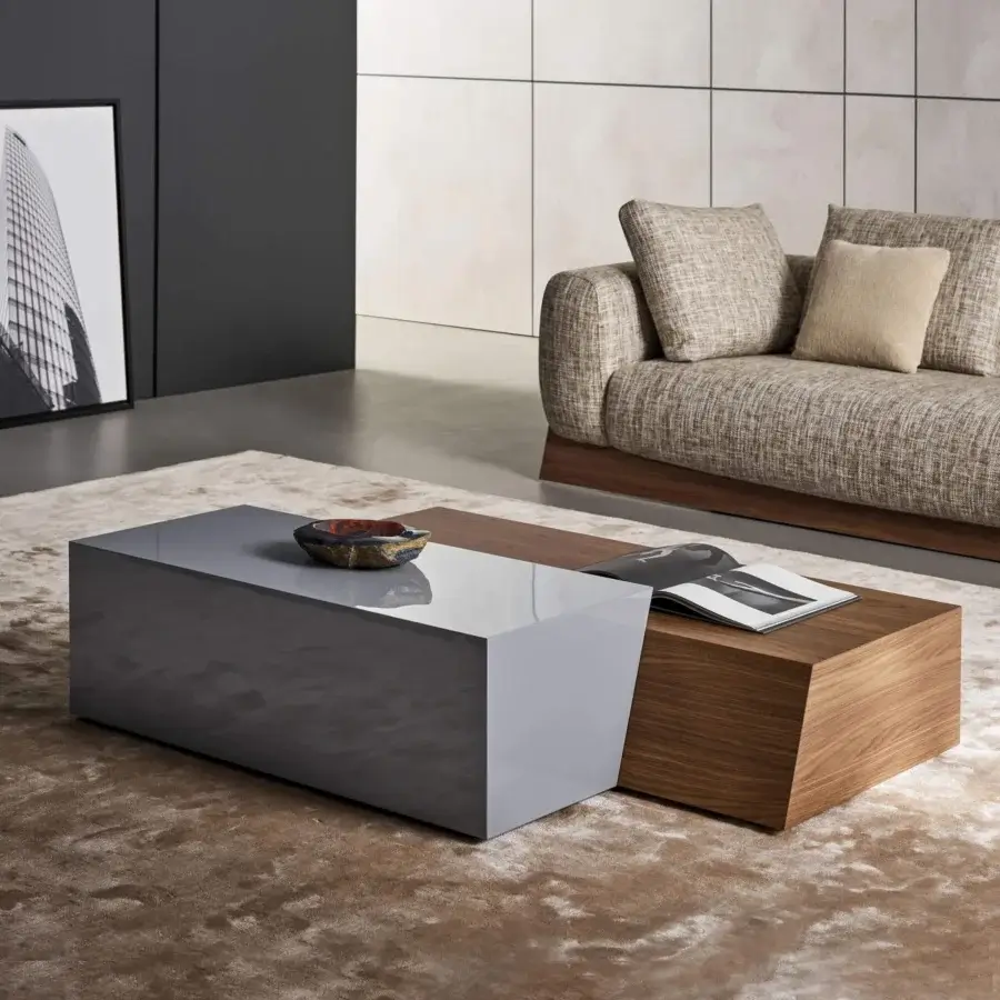 Harmonious Bonaldo Litos coffee table with veneered wood and lacquered gray volumes exhibiting a glossy finish