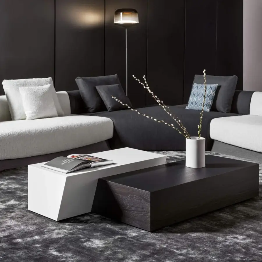 Exceptional Bonaldo Litos coffee table with dark-toned veneered wood and monolithic trapezoidal form