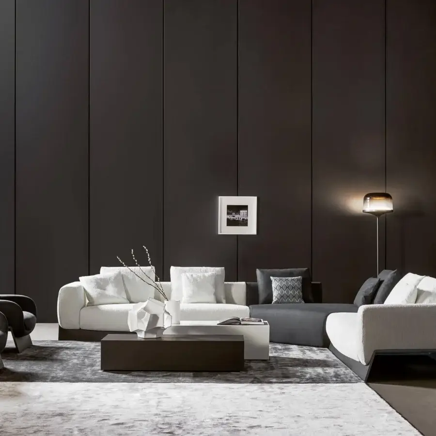 Elegant Bonaldo Litos coffee table with dark veneered wood and bright white lacquered wood cube construction