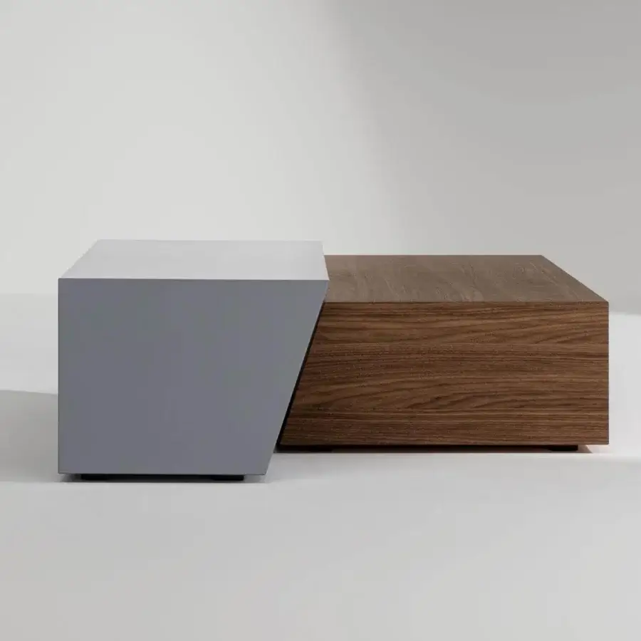 Superior Bonaldo Litos coffee table crafted in veneered wood with a brown wood grain and matte finish, alongside a solid grey volume