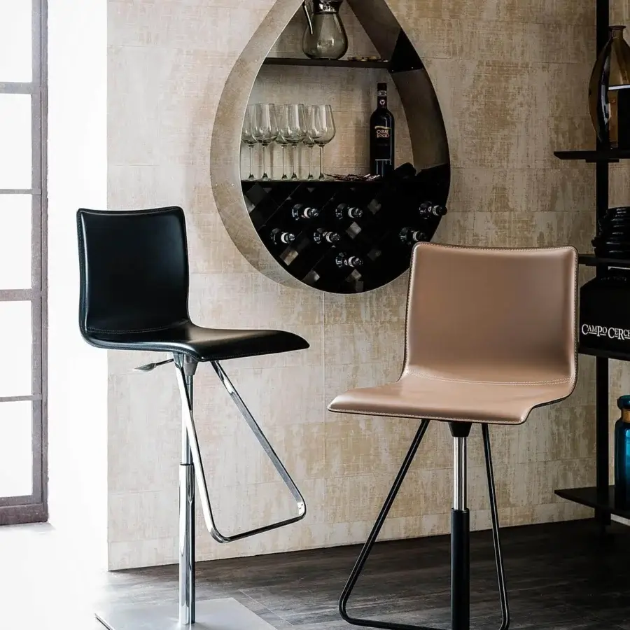 Superior Cattelan Italia Toto stool with tan leather seat and sleek matte black embossed lacquered steel base