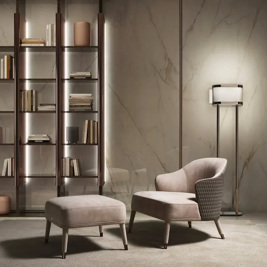 Lavish DV Home Collection Manhattan lounge chair built with light beige leather and geometric quilted textile back with dark wood legs