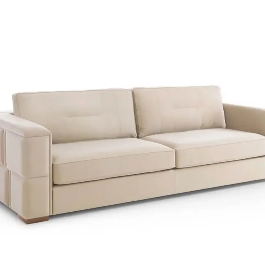 Distinguished DV Home Collection Manhattan sofa with light beige fabric and skilled solid wood structure showcasing button-tufted cushions filled with goose feather