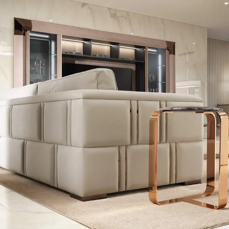 Distinguished DV Home Collection Manhattan sofa with light beige fabric and solid wood structure offering luxurious comfort