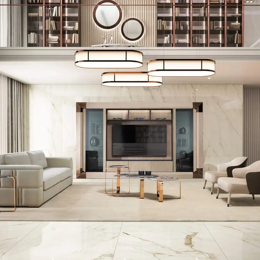 Lavish DV Home Collection Manhattan sofa with light beige fabric upholstery and metallic accents built with a solid wood structure