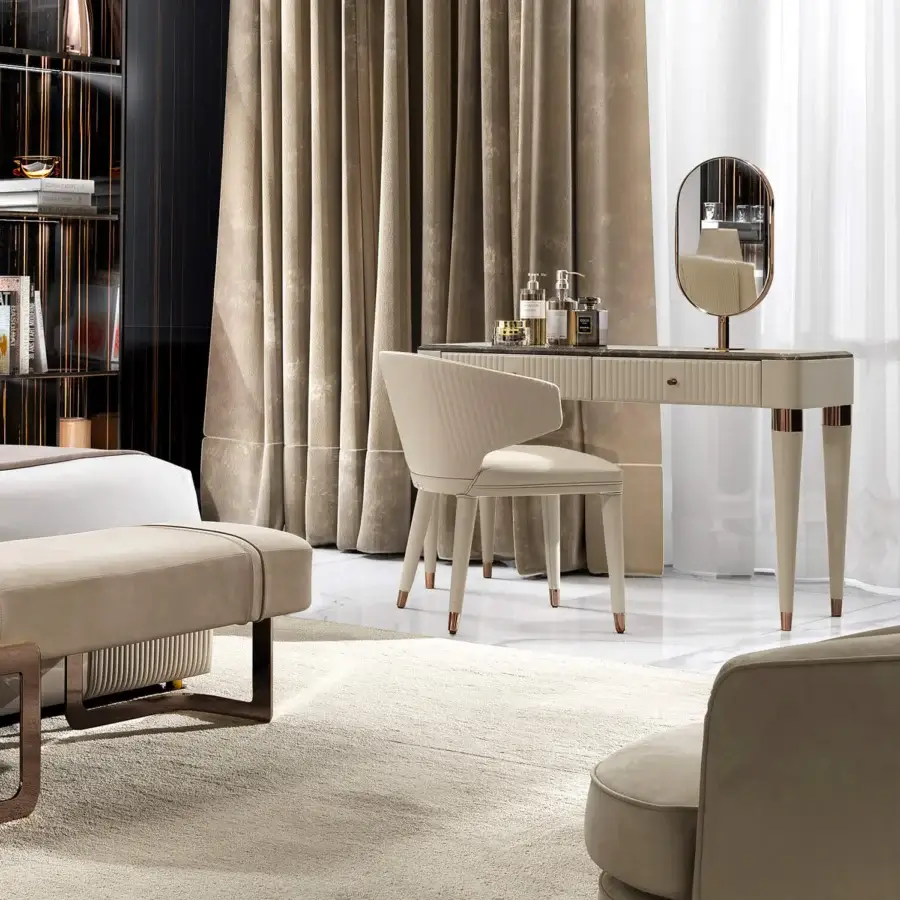 Distinguished DV Home Collection Hollywood chair with light beige textile upholstery and stainless steel feet
