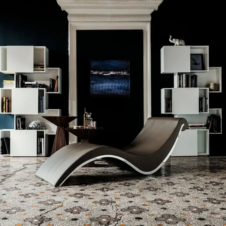 Distinguished Cattelan Italia Sylvester chaise lounge upholstered in smooth brown synthetic leather with chromed steel and wood frame