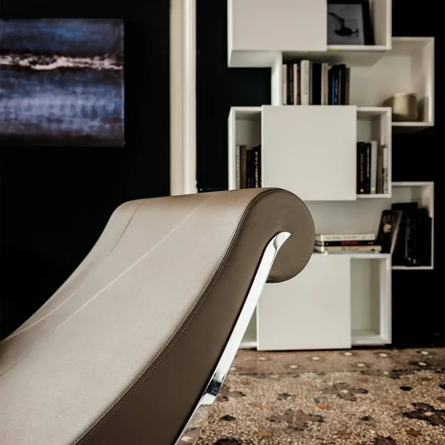 Lavish Cattelan Italia Sylvester chaise lounge upholstered in beige and brown leather with chromed steel and wood frame