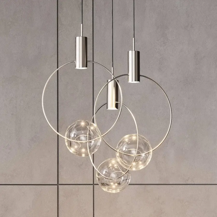 Distinguished Bonaldo Keshi suspension lamp with interconnected silver metal frames and clear glass globes containing tiny lights