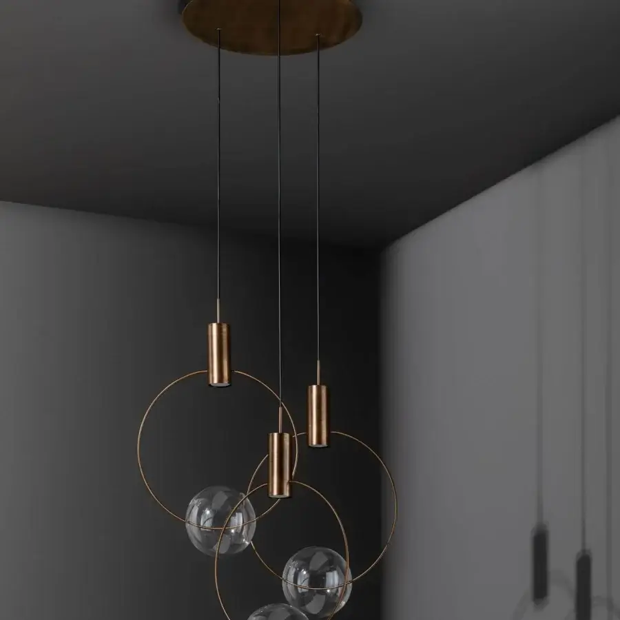 Superior Bonaldo Keshi suspension lamp with geometric forms and transparent glass spheres in brass-toned metal construction