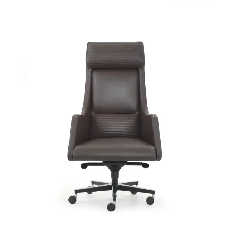 Superior 4 Mariani Ibis armchair crafted in supple medium brown leather with black swivel base and horizontal seat stitching