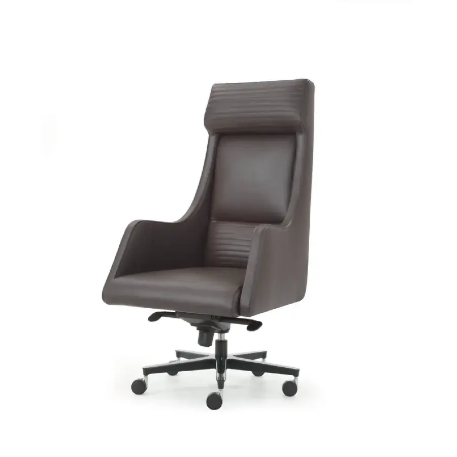 Elegant 4 Mariani Ibis armchair upholstered in smooth dark brown leather with seventies-inspired horizontal stitching and versatile swivel base
