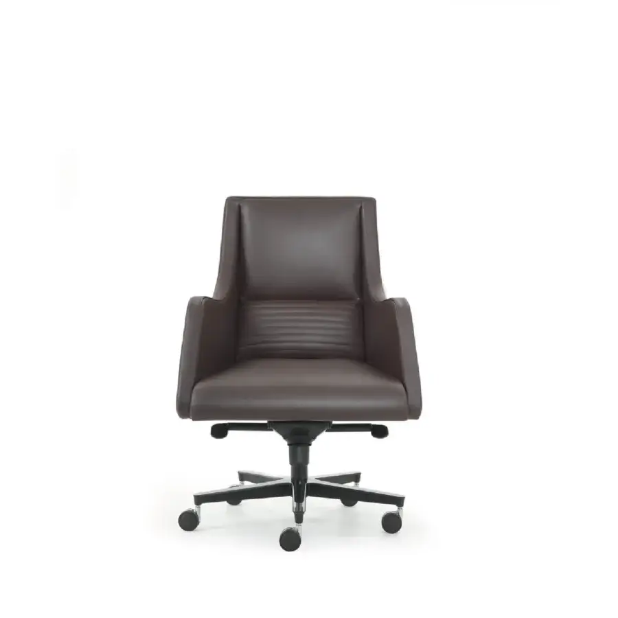 Superior 4 Mariani Ibis armchair built in smooth dark brown synthetic leather with tailored stitching and a black five-star base