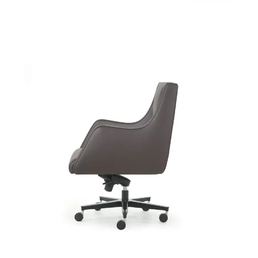 Elegant 4 Mariani Ibis armchair upholstered in smooth medium-toned brown leather with tailored stitching and adjustable swivel base