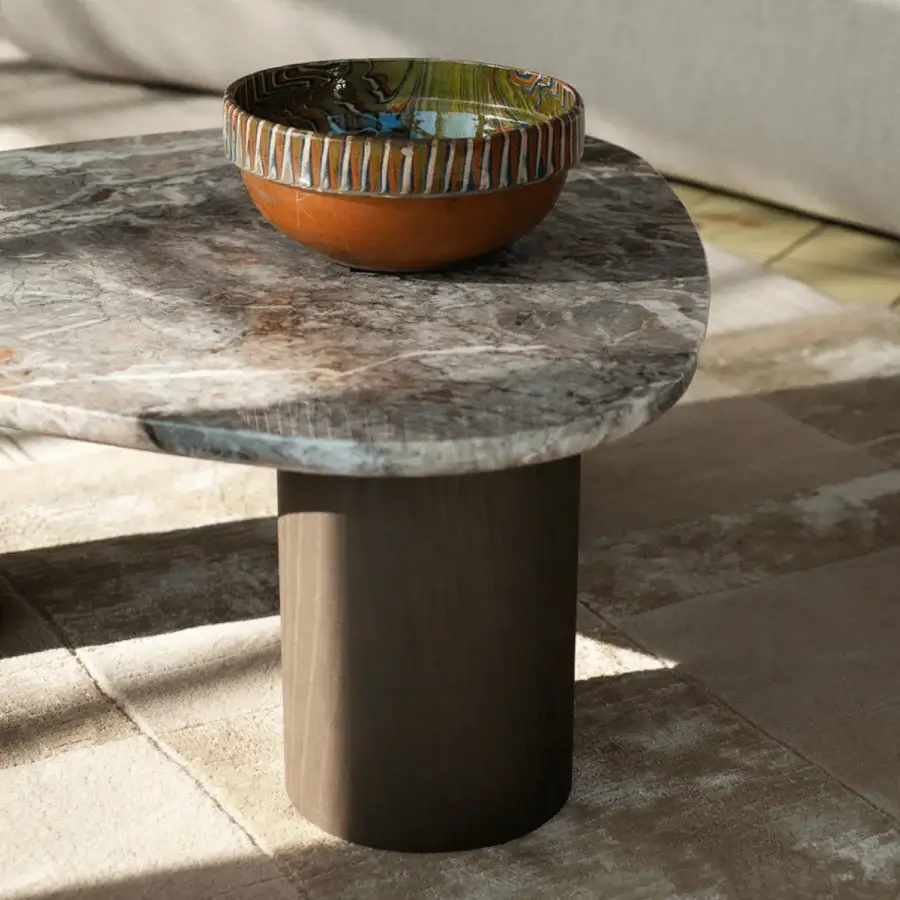 Elegant Potocco Jade coffee table with oval marble top and dark brown matte solid ash wood base