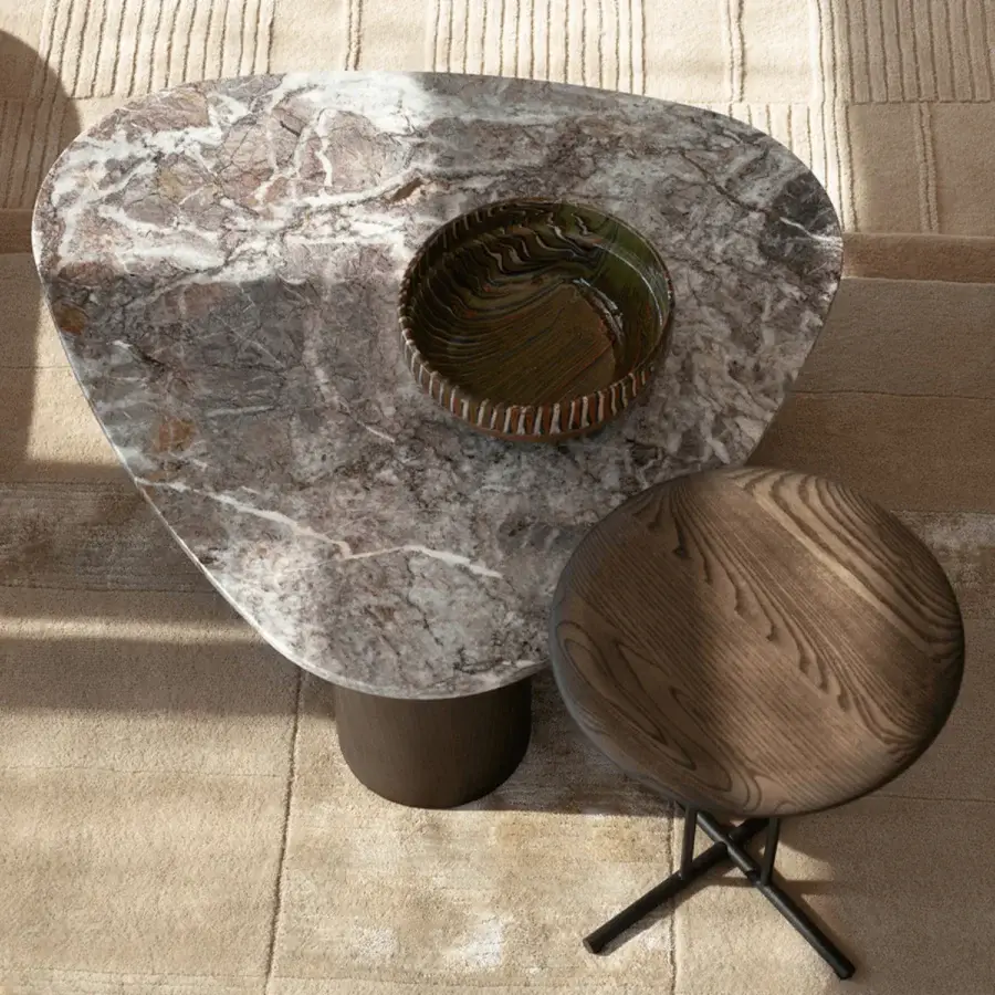 Distinguished Potocco Jade coffee table with organically shaped gray and brown marble top and robust ash wood base
