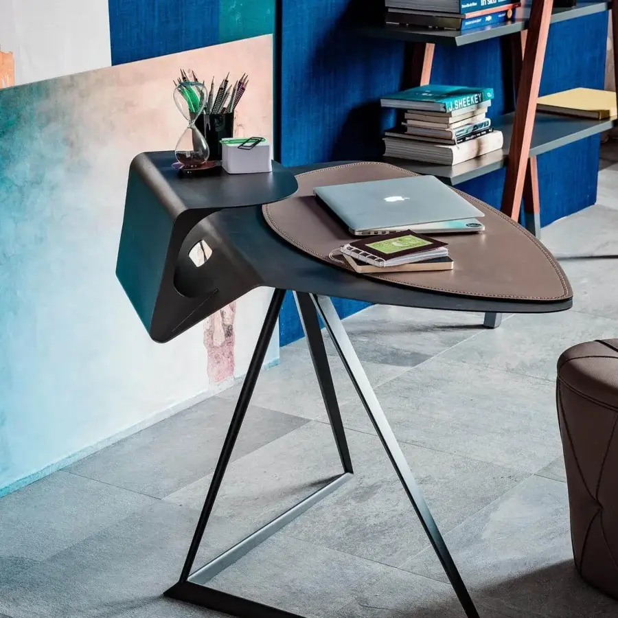 Distinguished Cattelan Italia Storm desk with graphite embossed lacquered steel and warm brown leaf-shaped inlay in matte finish