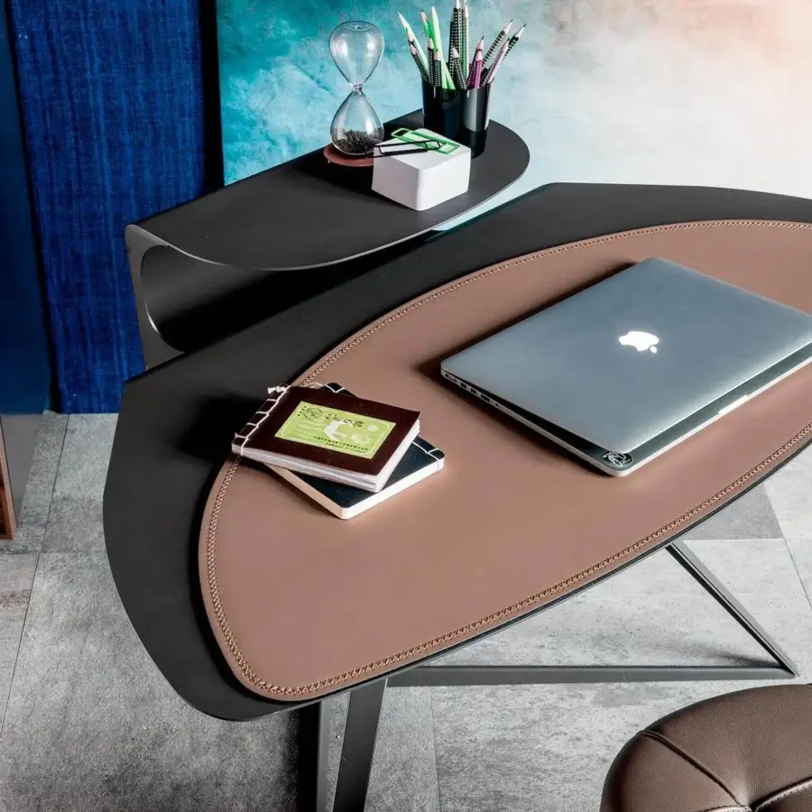 Elegant Cattelan Italia Storm desk with graphite embossed lacquered steel frame and brown leather top crafted with stitched detailing