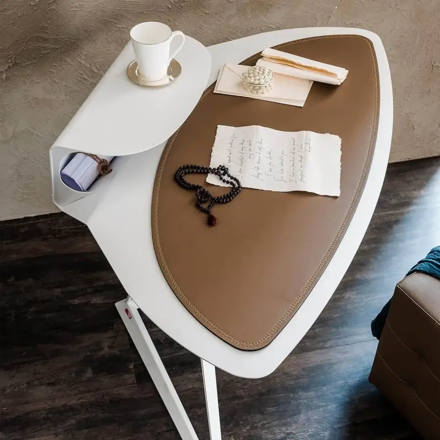 Distinguished Cattelan Italia Storm desk with titanium embossed lacquered steel and Cuoio pad showcasing asymmetrical design