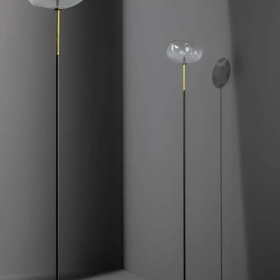 Elegant Bonaldo Pepita floor lamp with translucent silk glass lampshade and slender dark-toned metal rod