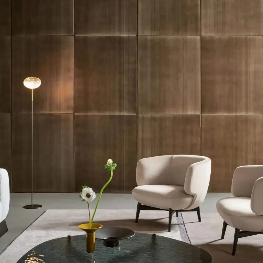 Distinguished Bonaldo Pepita floor lamp with slender gold-like metal and spherical silk glass lampshade diffusing warm light