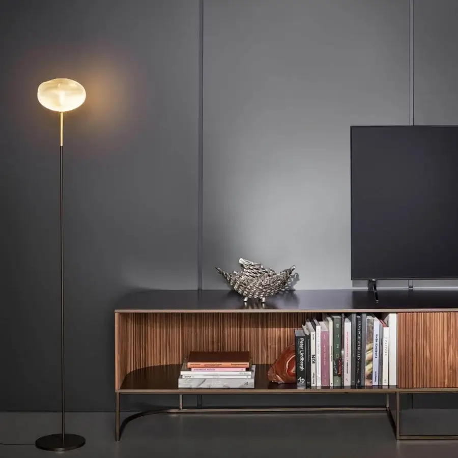 Superior Bonaldo Pepita floor lamp with irregular form in dark bronze metal and spherical silk glass lampshade