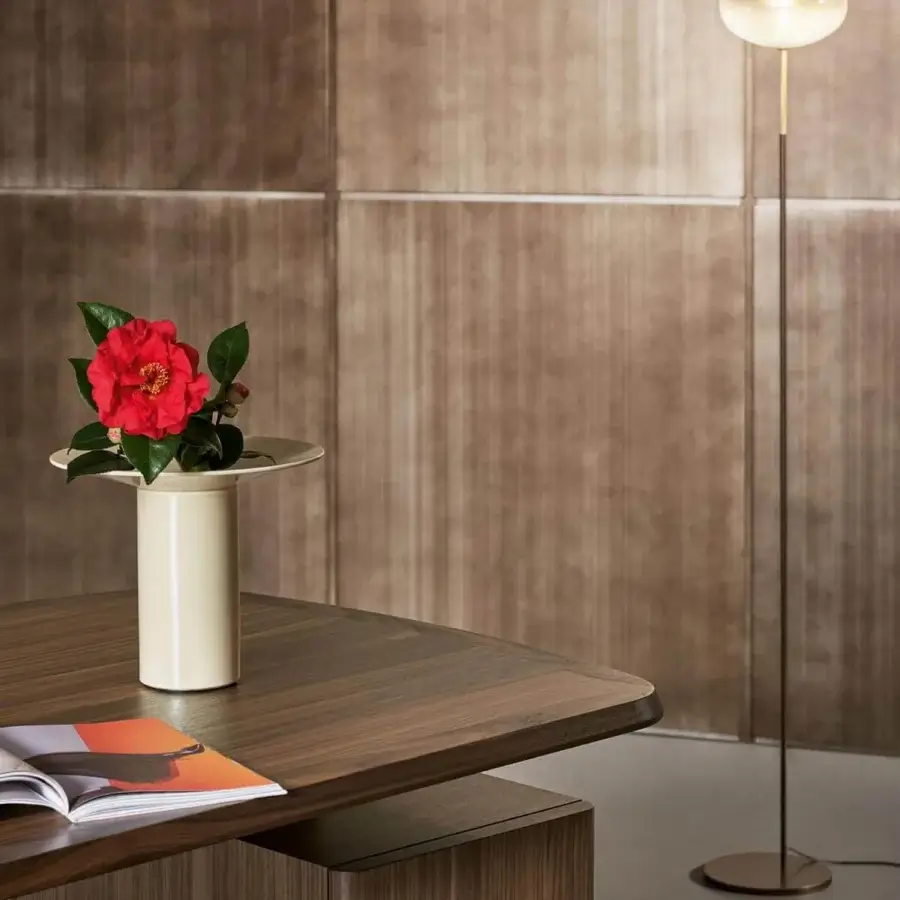 Distinguished Bonaldo Pepita floor lamp with light gold metal support and bronze accents, crafted with a silk glass lampshade