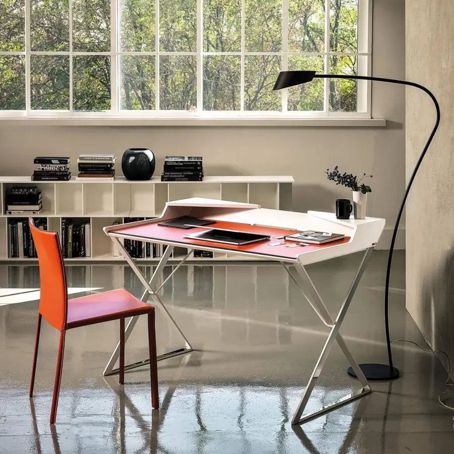 Superior Cattelan Italia Qwerty desk with red lacquered embossed MDF top and white painted frame with glossy finish