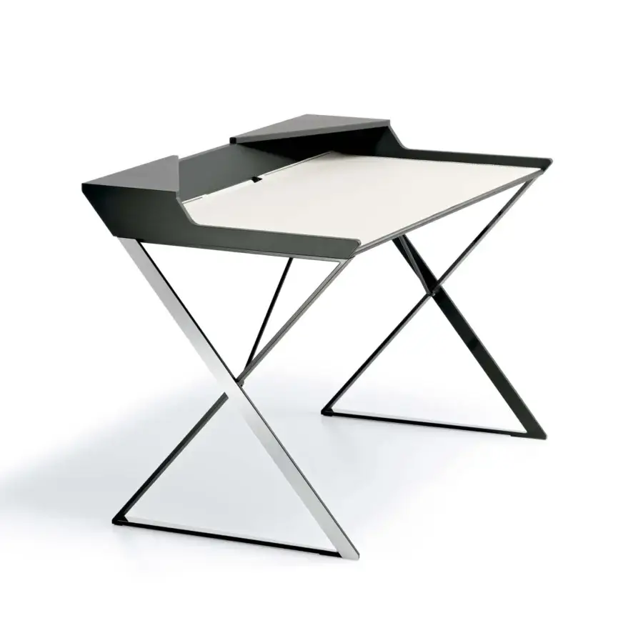 Sophisticated Cattelan Italia Qwerty desk with white lacquered embossed MDF top and graphite painted frame built with polished stainless steel